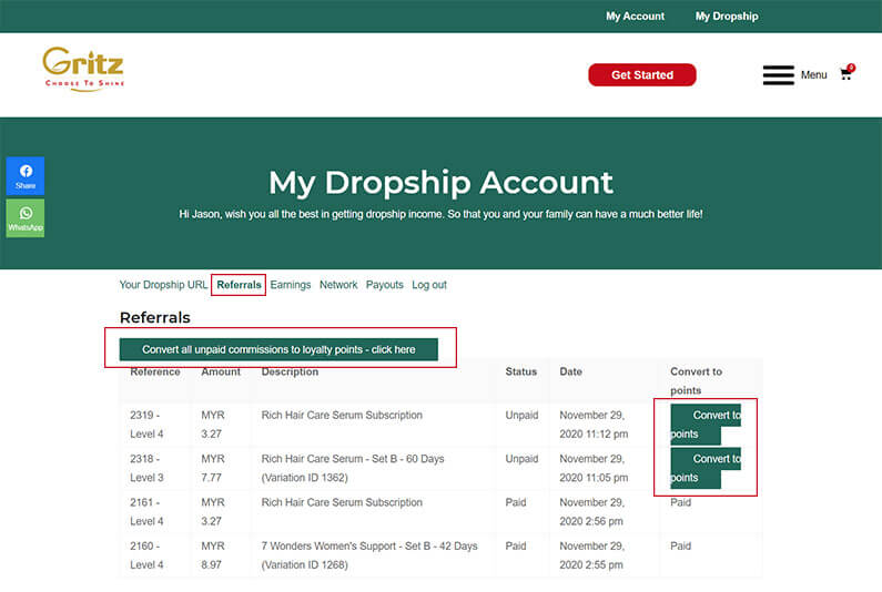 Dropship Convert Reward Points