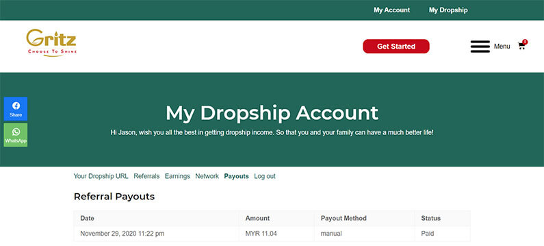 Gritz Dropship Payouts Tab