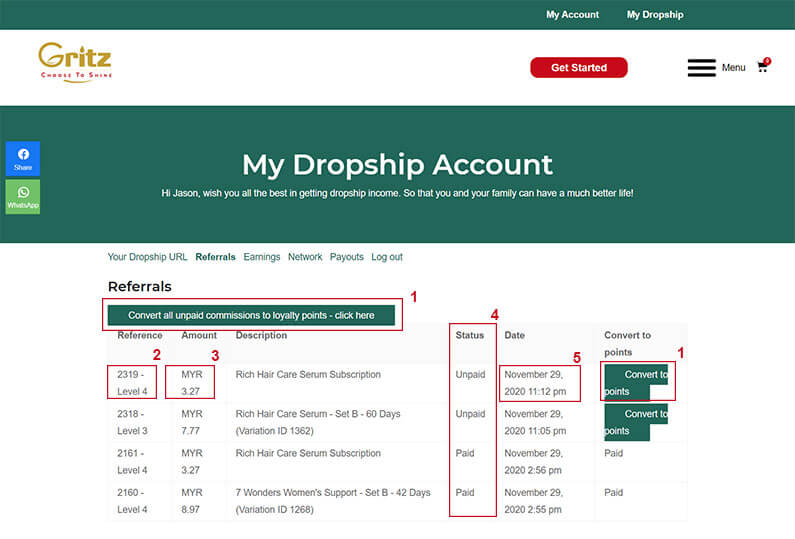 Gritz Dropship Referrals tab