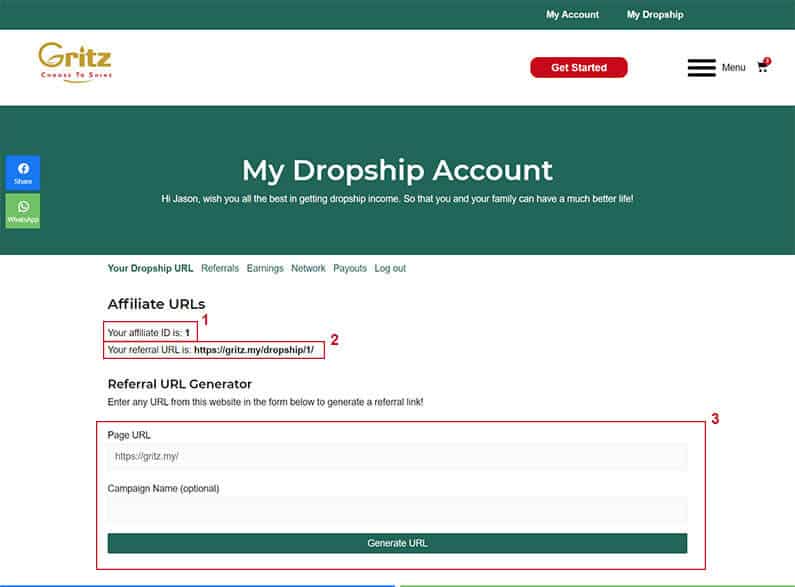 Gritz Dropship URLs tab